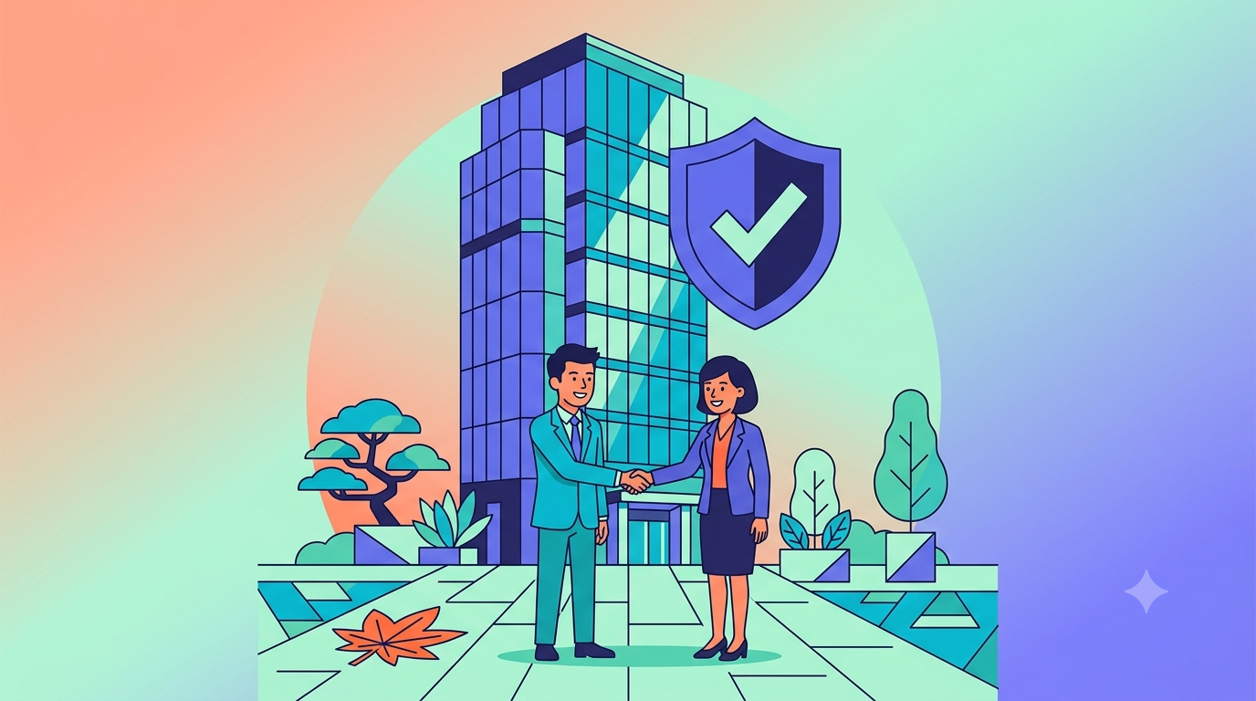 上場企業・大手グループが運営するファクタリングの信頼性を解説するイラスト